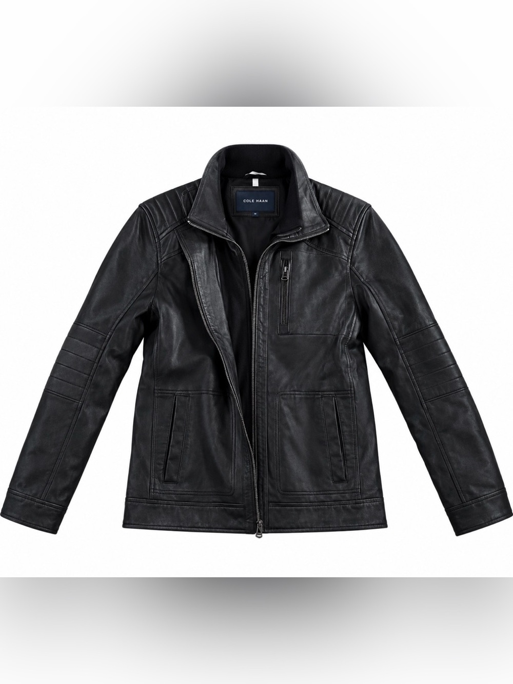 Cole Haan Motorcycle Black Leather Zip-Front Jacket - Size Small